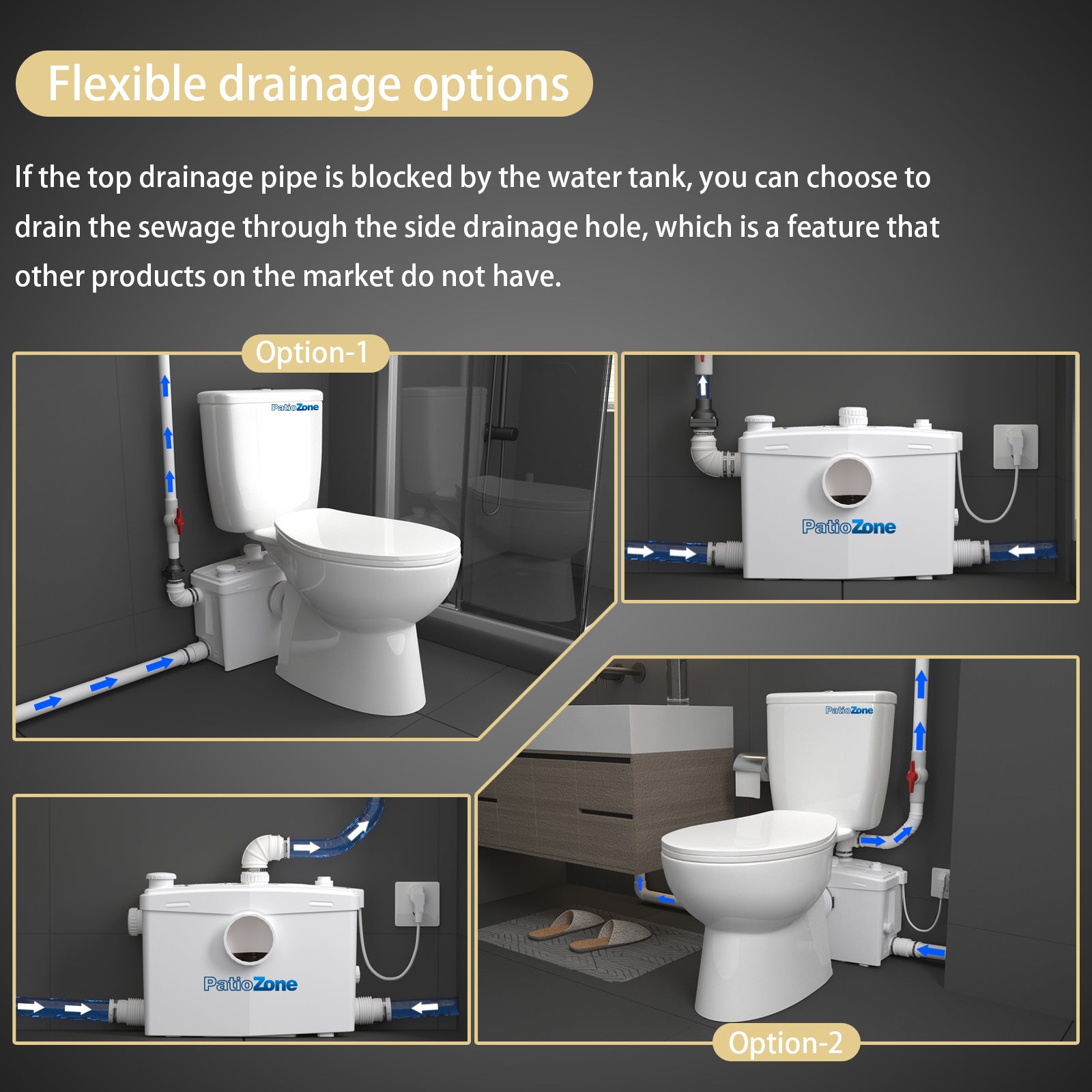 Macerator Toilet with 800W Waste Disposal Upflush Toilet System MY-FLO800 PatioZones