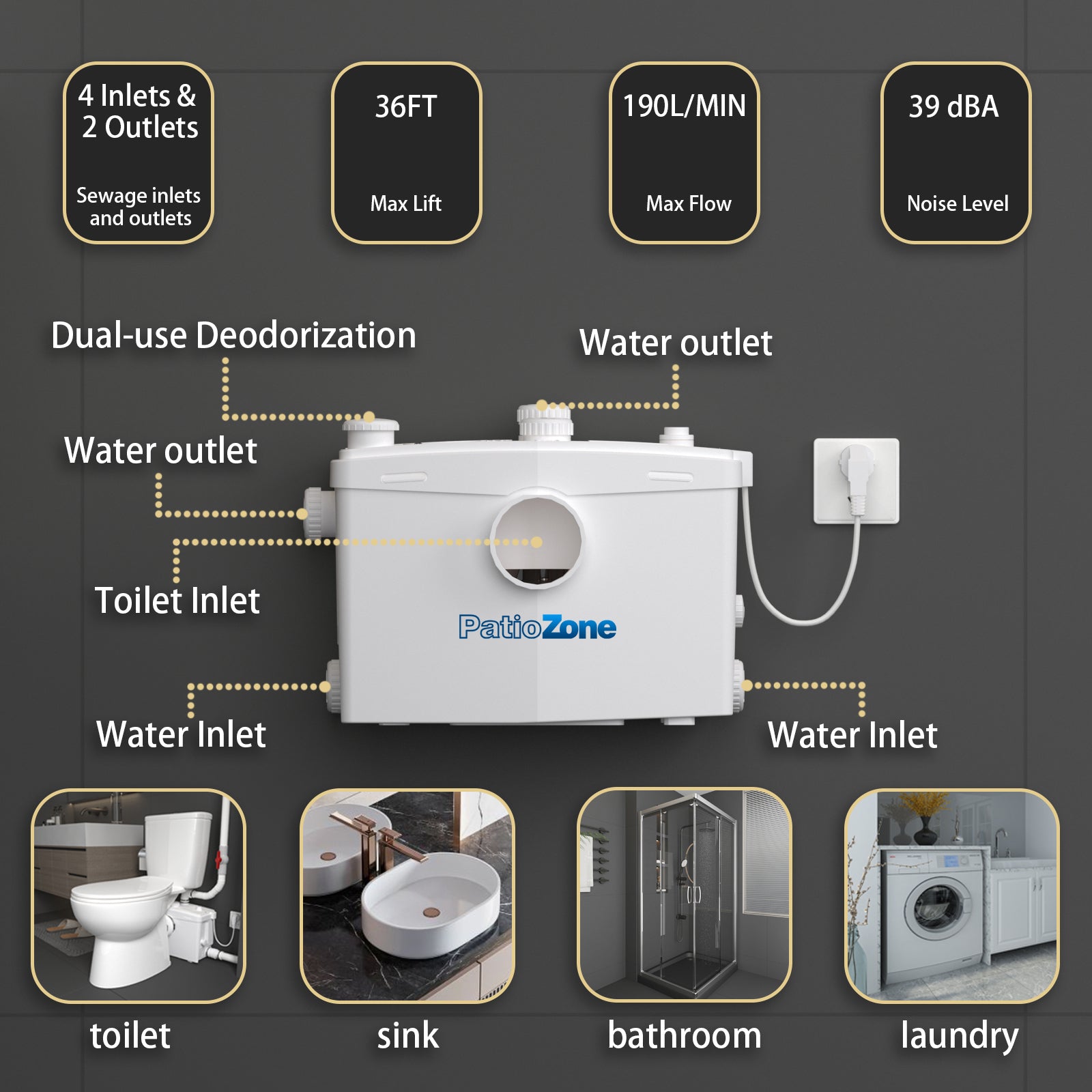 Macerator Toilet with 800W Waste Disposal Upflush Toilet System MY-FLO800 PatioZones