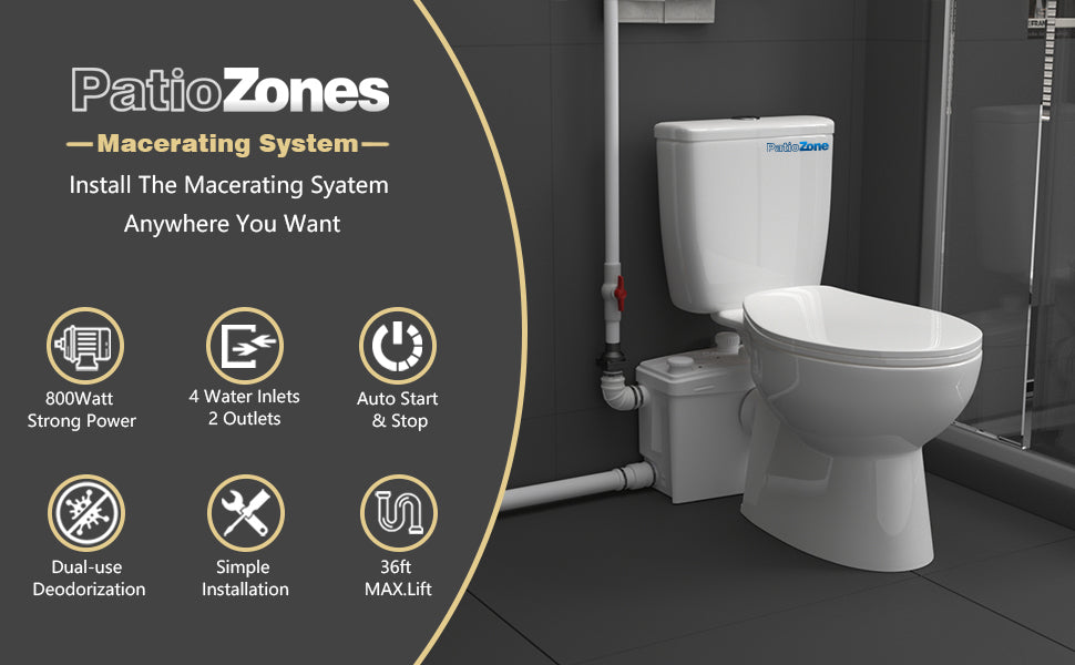 Macerator Toilet with 800W Waste Disposal Upflush Toilet System MY-FLO800 PatioZones